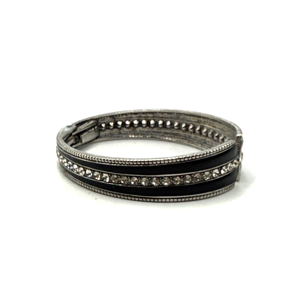Silver Tone Black Enamel Rhinestone Hinged Bangle Bracelet Vintage Style